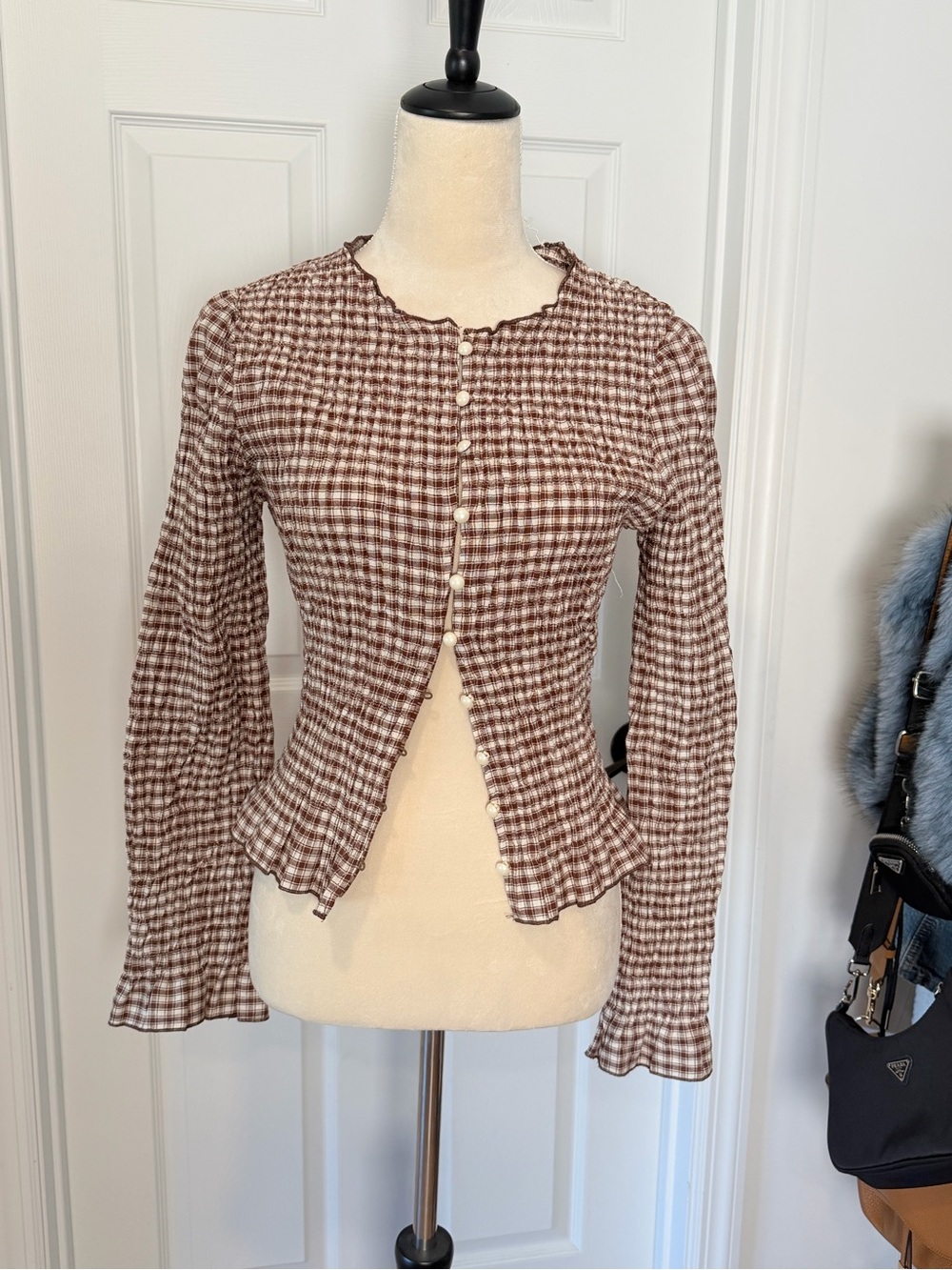 Brown Gingham Ruffle-Trim Button Front Blouse